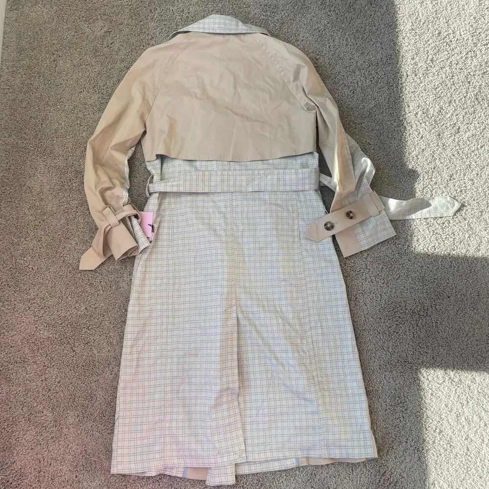 NWT Avec Les Filles Combo Plaid Double-Breasted Trench Coat Sz Medium - Picture 14 of 16